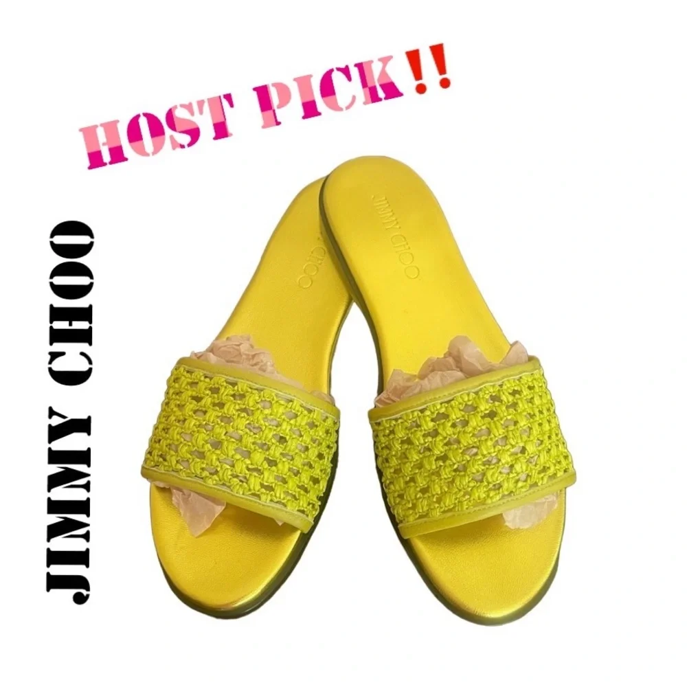 JIMMY CHOO MINEA ELECTRIC LIME RAFFIA SLIDES AND BOX NWT - Picture 2 of 15